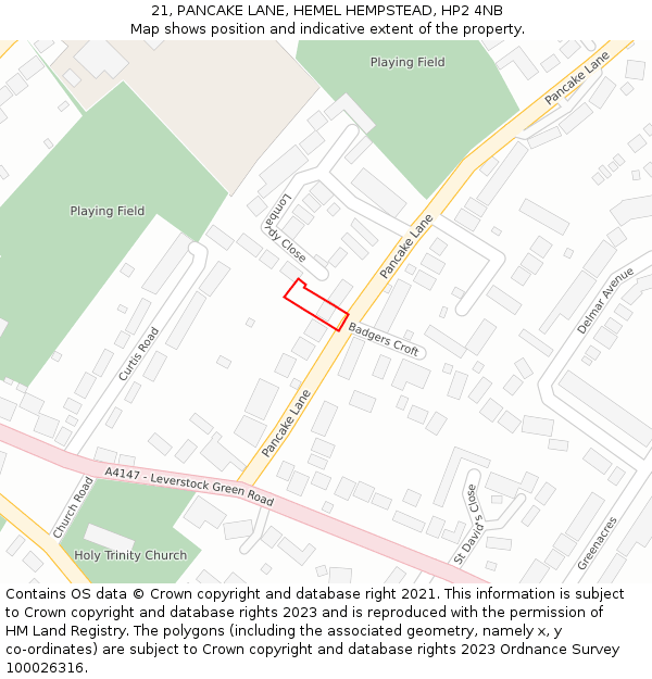 21, PANCAKE LANE, HEMEL HEMPSTEAD, HP2 4NB: Location map and indicative extent of plot