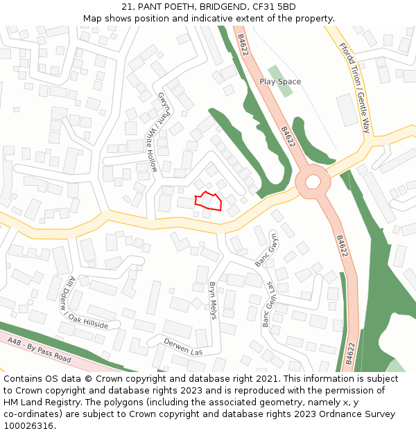 21, PANT POETH, BRIDGEND, CF31 5BD: Location map and indicative extent of plot
