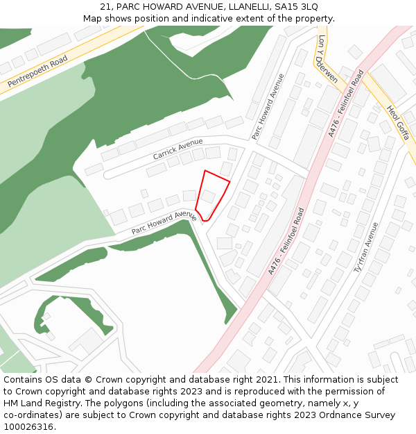 21, PARC HOWARD AVENUE, LLANELLI, SA15 3LQ: Location map and indicative extent of plot