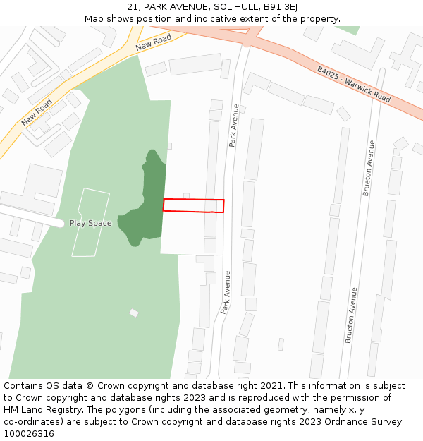 21, PARK AVENUE, SOLIHULL, B91 3EJ: Location map and indicative extent of plot