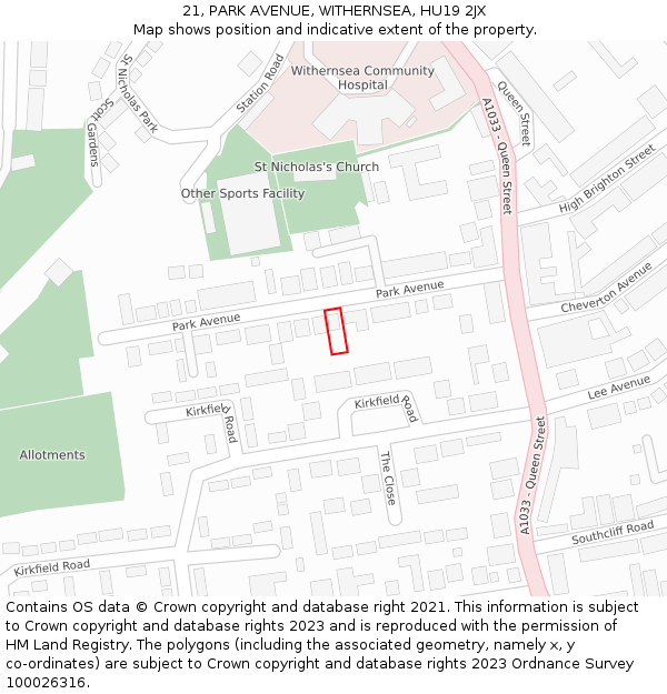 21, PARK AVENUE, WITHERNSEA, HU19 2JX: Location map and indicative extent of plot