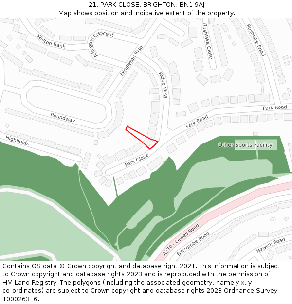 21, PARK CLOSE, BRIGHTON, BN1 9AJ: Location map and indicative extent of plot