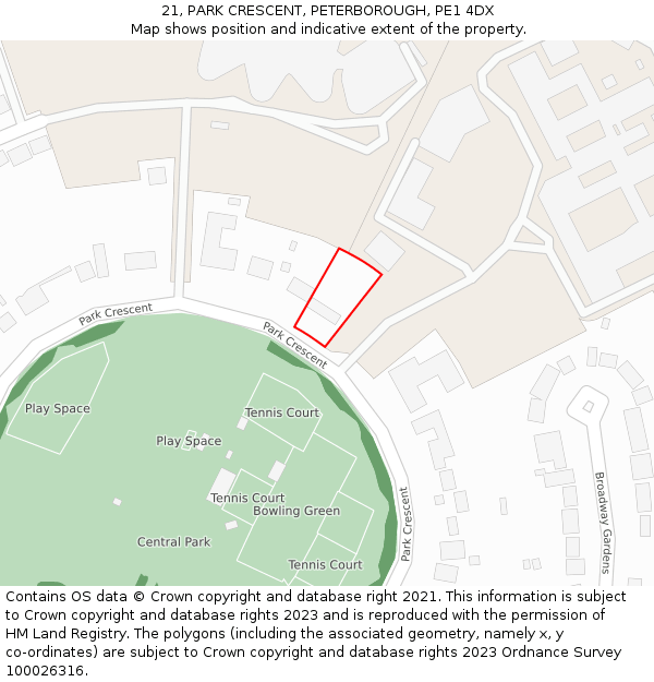 21, PARK CRESCENT, PETERBOROUGH, PE1 4DX: Location map and indicative extent of plot