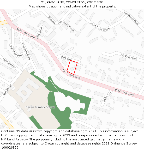 21, PARK LANE, CONGLETON, CW12 3DG: Location map and indicative extent of plot