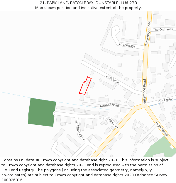 21, PARK LANE, EATON BRAY, DUNSTABLE, LU6 2BB: Location map and indicative extent of plot