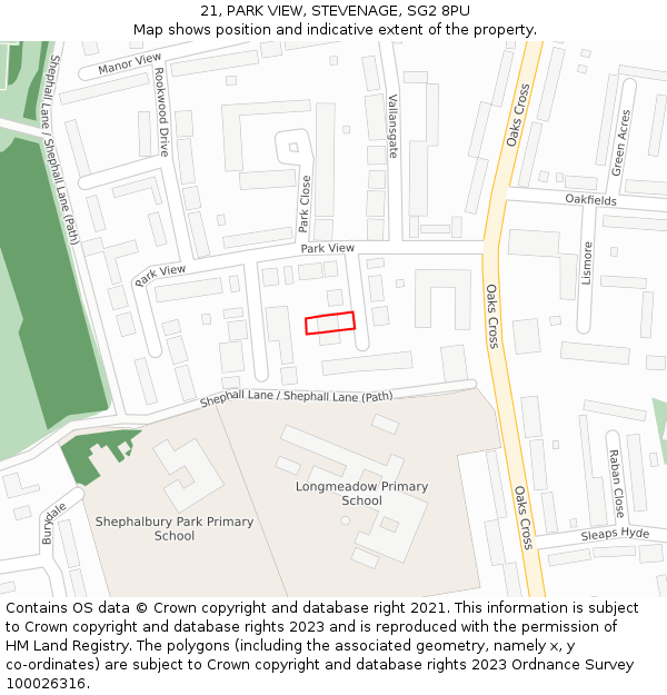 21, PARK VIEW, STEVENAGE, SG2 8PU: Location map and indicative extent of plot