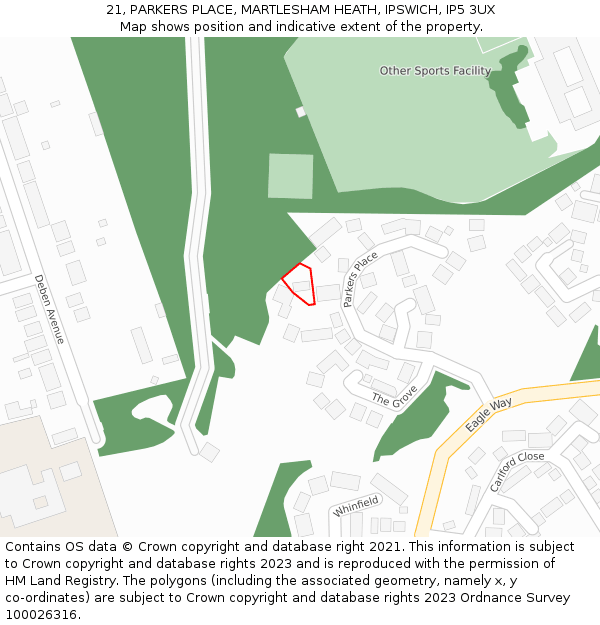 21, PARKERS PLACE, MARTLESHAM HEATH, IPSWICH, IP5 3UX: Location map and indicative extent of plot