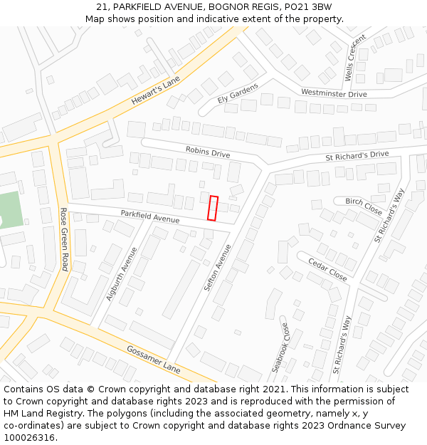 21, PARKFIELD AVENUE, BOGNOR REGIS, PO21 3BW: Location map and indicative extent of plot