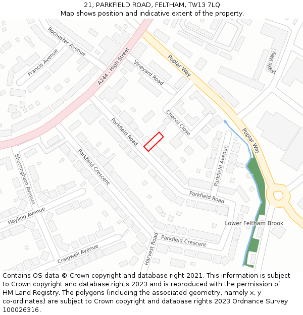 21, PARKFIELD ROAD, FELTHAM, TW13 7LQ: Location map and indicative extent of plot