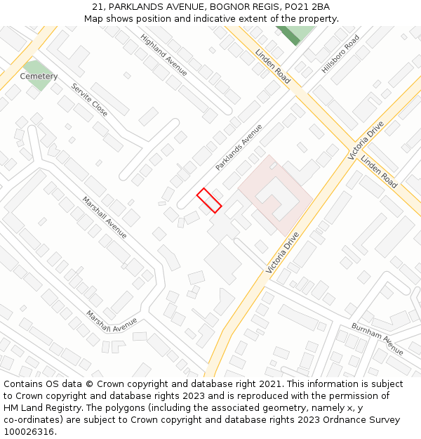 21, PARKLANDS AVENUE, BOGNOR REGIS, PO21 2BA: Location map and indicative extent of plot