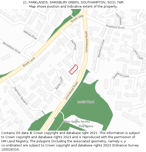 21, PARKLANDS, SARISBURY GREEN, SOUTHAMPTON, SO31 7WR: Location map and indicative extent of plot