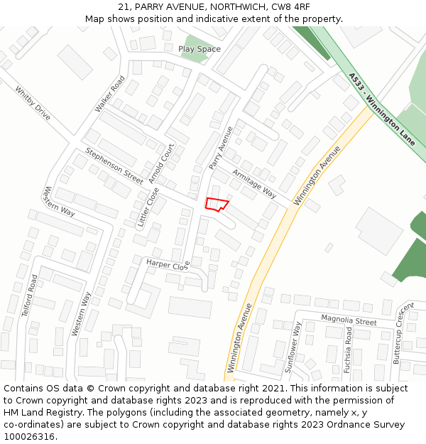 21, PARRY AVENUE, NORTHWICH, CW8 4RF: Location map and indicative extent of plot