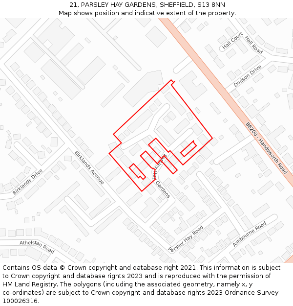 21, PARSLEY HAY GARDENS, SHEFFIELD, S13 8NN: Location map and indicative extent of plot
