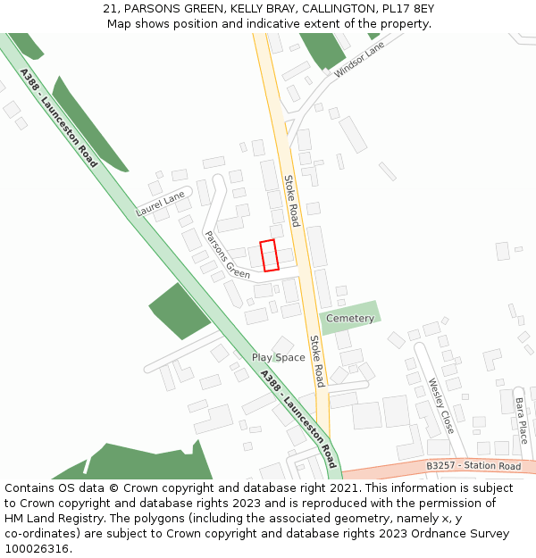 21, PARSONS GREEN, KELLY BRAY, CALLINGTON, PL17 8EY: Location map and indicative extent of plot