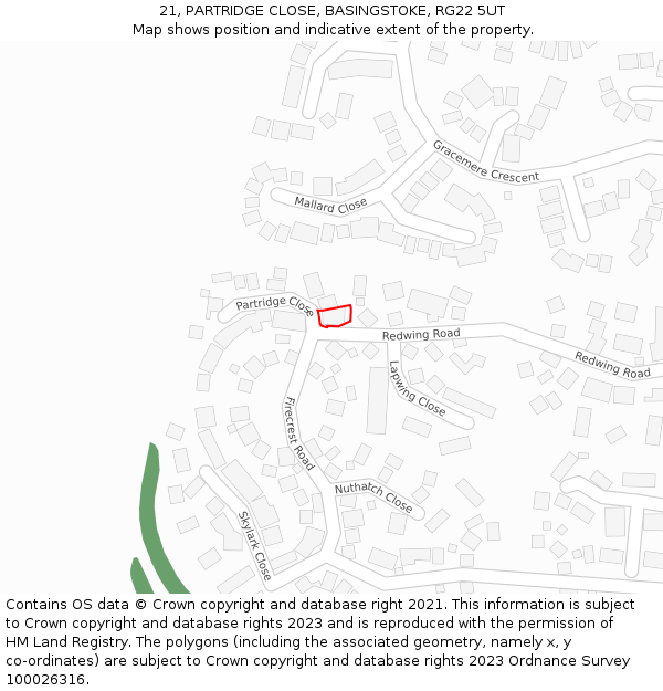 21, PARTRIDGE CLOSE, BASINGSTOKE, RG22 5UT: Location map and indicative extent of plot