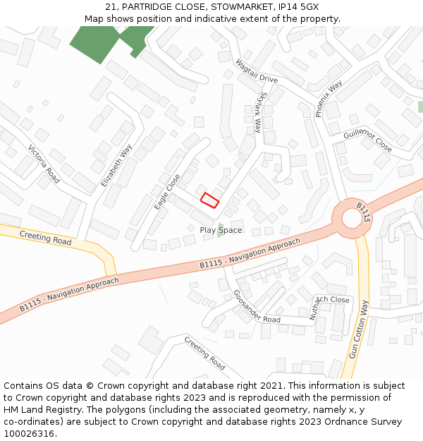 21, PARTRIDGE CLOSE, STOWMARKET, IP14 5GX: Location map and indicative extent of plot