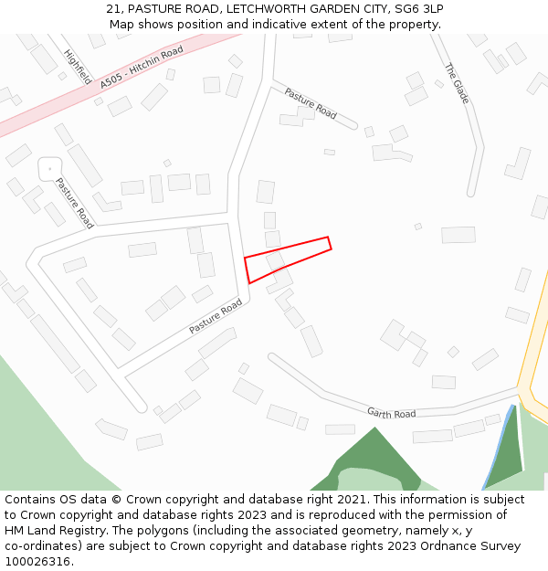 21, PASTURE ROAD, LETCHWORTH GARDEN CITY, SG6 3LP: Location map and indicative extent of plot