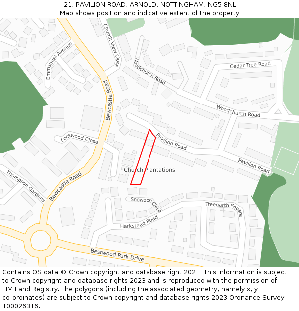 21, PAVILION ROAD, ARNOLD, NOTTINGHAM, NG5 8NL: Location map and indicative extent of plot