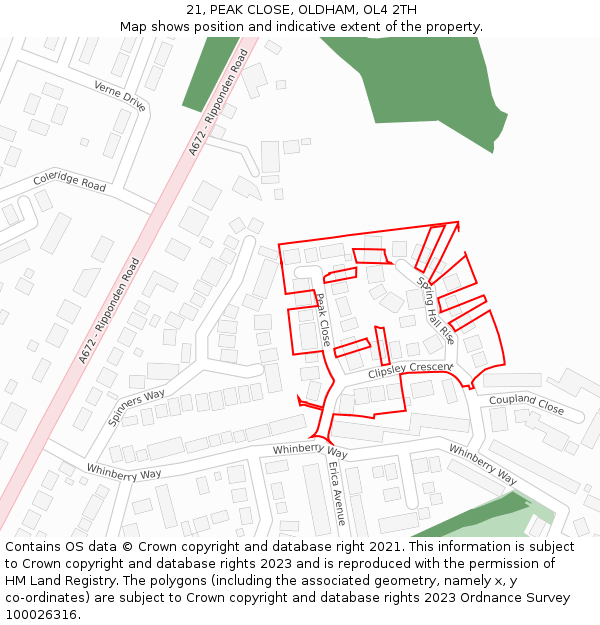 21, PEAK CLOSE, OLDHAM, OL4 2TH: Location map and indicative extent of plot