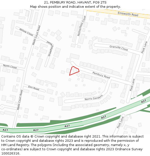 21, PEMBURY ROAD, HAVANT, PO9 2TS: Location map and indicative extent of plot