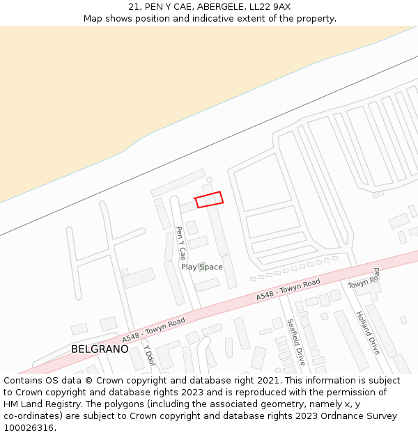 21, PEN Y CAE, ABERGELE, LL22 9AX: Location map and indicative extent of plot