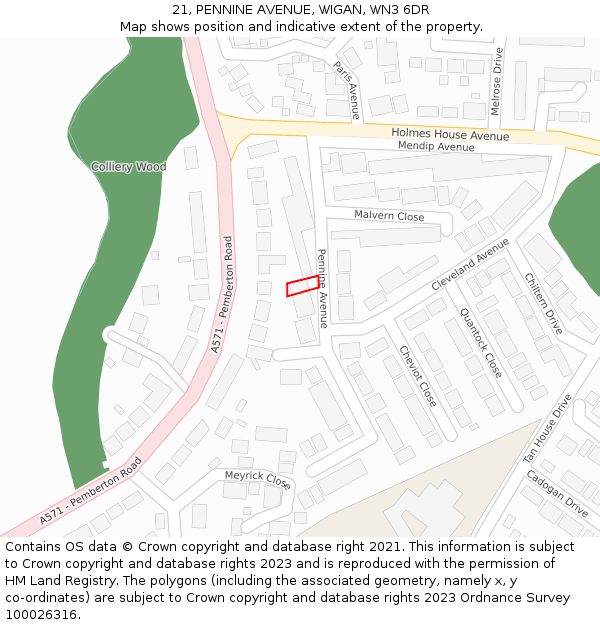 21, PENNINE AVENUE, WIGAN, WN3 6DR: Location map and indicative extent of plot