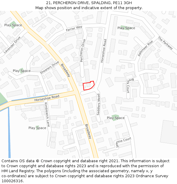 21, PERCHERON DRIVE, SPALDING, PE11 3GH: Location map and indicative extent of plot