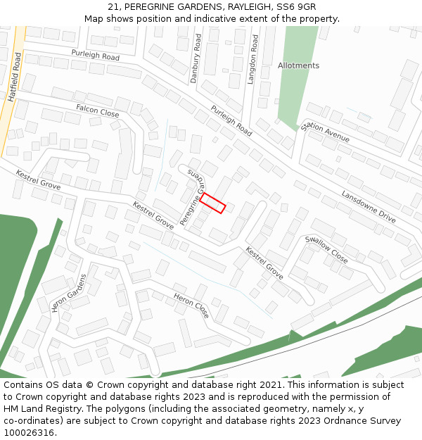 21, PEREGRINE GARDENS, RAYLEIGH, SS6 9GR: Location map and indicative extent of plot