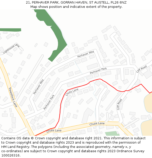 21, PERHAVER PARK, GORRAN HAVEN, ST AUSTELL, PL26 6NZ: Location map and indicative extent of plot