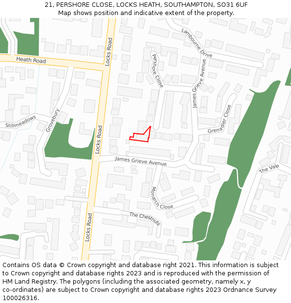 21, PERSHORE CLOSE, LOCKS HEATH, SOUTHAMPTON, SO31 6UF: Location map and indicative extent of plot