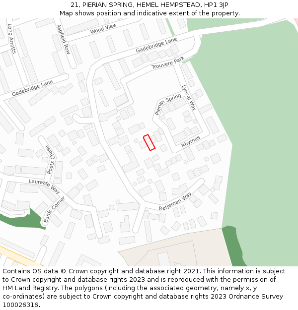 21, PIERIAN SPRING, HEMEL HEMPSTEAD, HP1 3JP: Location map and indicative extent of plot