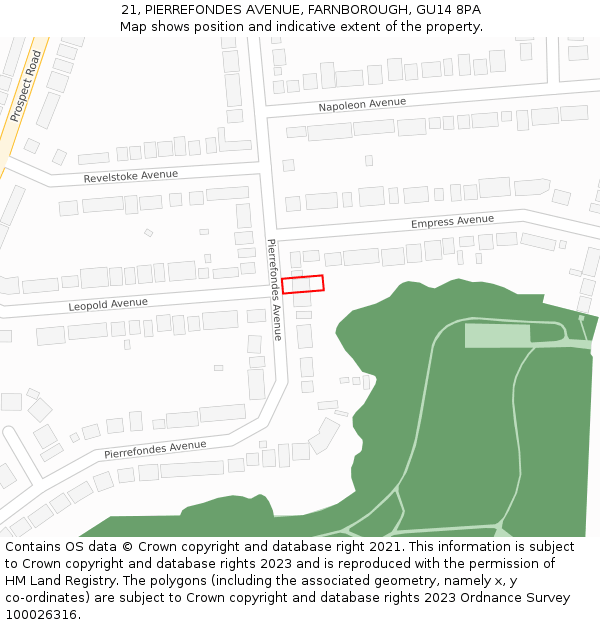 21, PIERREFONDES AVENUE, FARNBOROUGH, GU14 8PA: Location map and indicative extent of plot