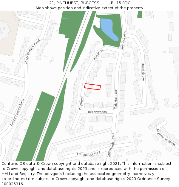 21, PINEHURST, BURGESS HILL, RH15 0DG: Location map and indicative extent of plot