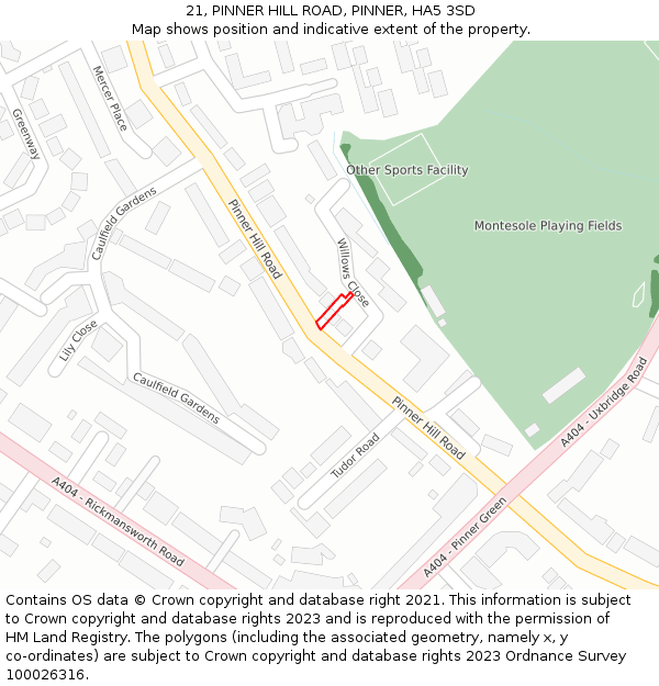21, PINNER HILL ROAD, PINNER, HA5 3SD: Location map and indicative extent of plot