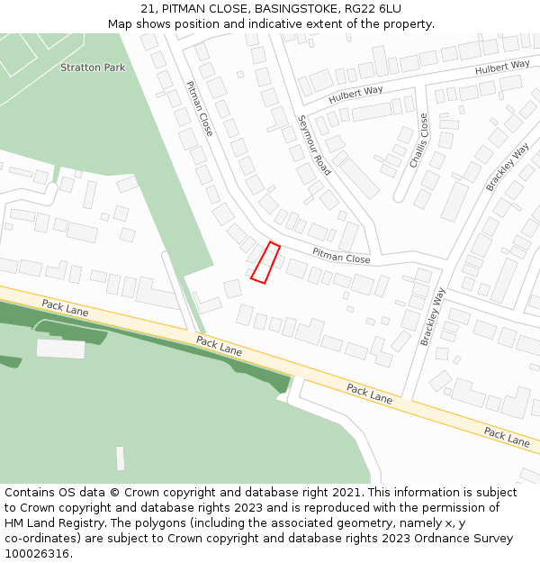 21, PITMAN CLOSE, BASINGSTOKE, RG22 6LU: Location map and indicative extent of plot