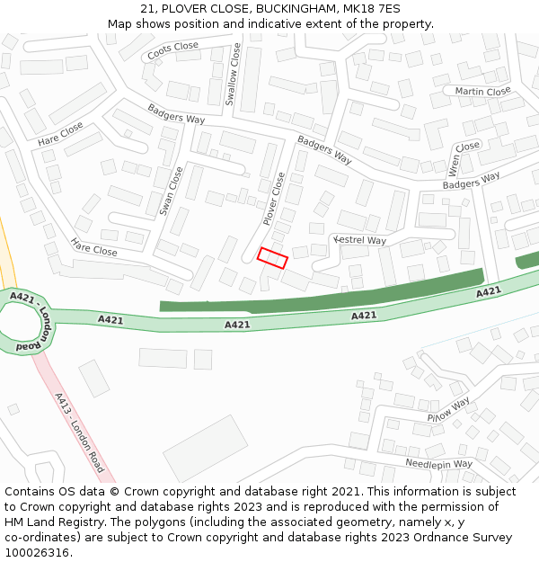 21, PLOVER CLOSE, BUCKINGHAM, MK18 7ES: Location map and indicative extent of plot