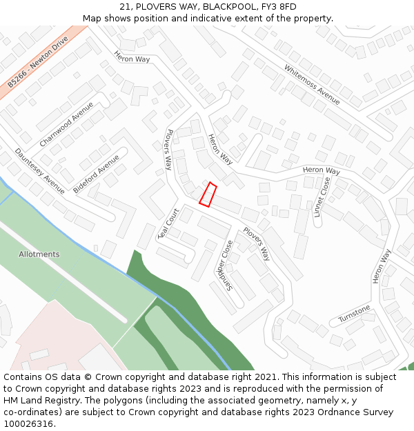 21, PLOVERS WAY, BLACKPOOL, FY3 8FD: Location map and indicative extent of plot