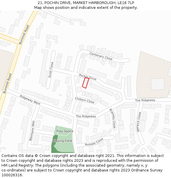 21, POCHIN DRIVE, MARKET HARBOROUGH, LE16 7LP: Location map and indicative extent of plot