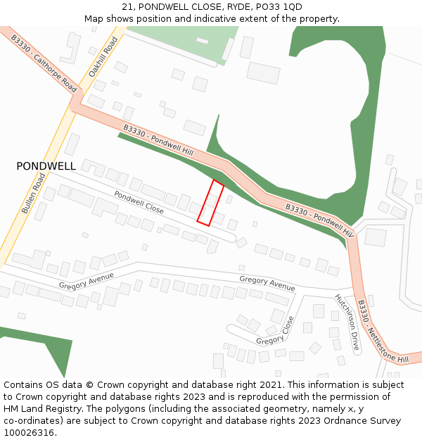 21, PONDWELL CLOSE, RYDE, PO33 1QD: Location map and indicative extent of plot