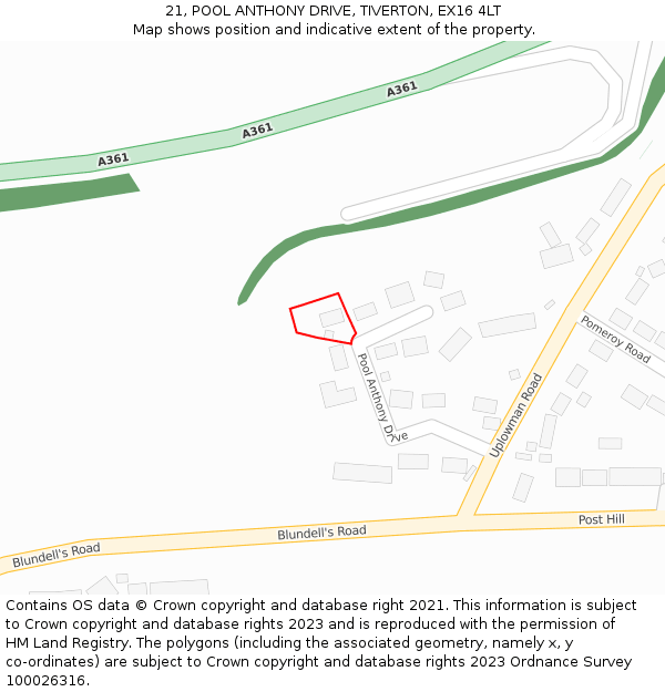 21, POOL ANTHONY DRIVE, TIVERTON, EX16 4LT: Location map and indicative extent of plot