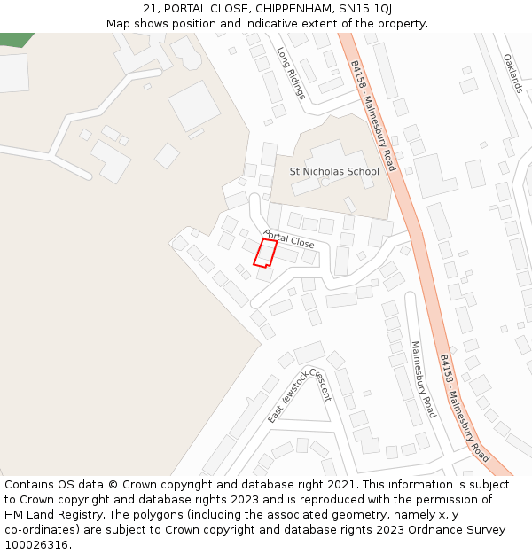 21, PORTAL CLOSE, CHIPPENHAM, SN15 1QJ: Location map and indicative extent of plot