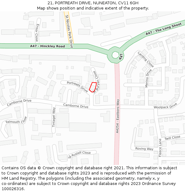 21, PORTREATH DRIVE, NUNEATON, CV11 6GH: Location map and indicative extent of plot