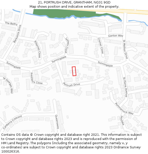 21, PORTRUSH DRIVE, GRANTHAM, NG31 9GD: Location map and indicative extent of plot