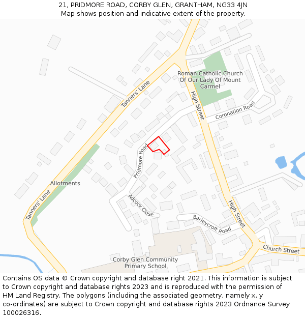 21, PRIDMORE ROAD, CORBY GLEN, GRANTHAM, NG33 4JN: Location map and indicative extent of plot