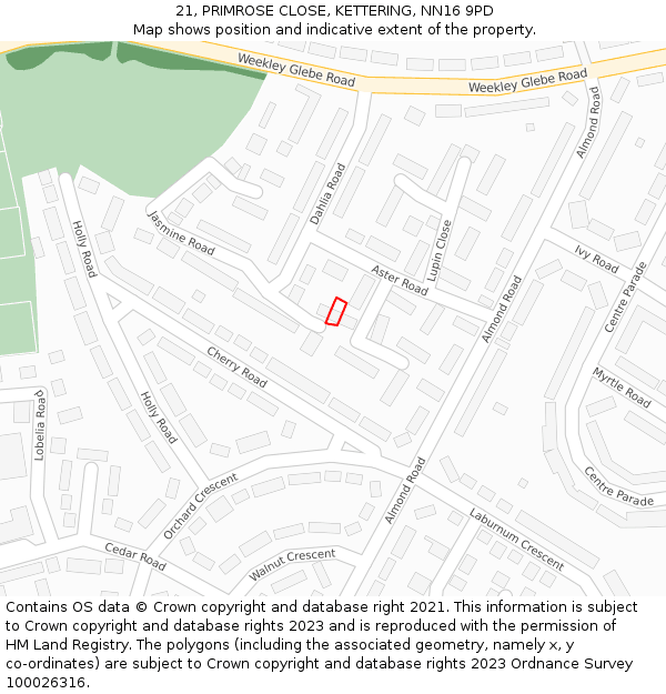 21, PRIMROSE CLOSE, KETTERING, NN16 9PD: Location map and indicative extent of plot