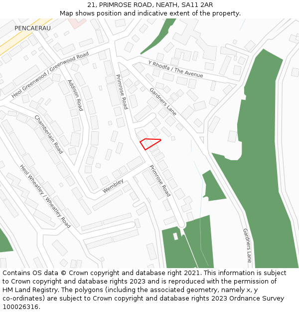 21, PRIMROSE ROAD, NEATH, SA11 2AR: Location map and indicative extent of plot