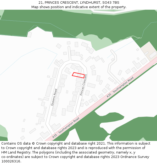 21, PRINCES CRESCENT, LYNDHURST, SO43 7BS: Location map and indicative extent of plot