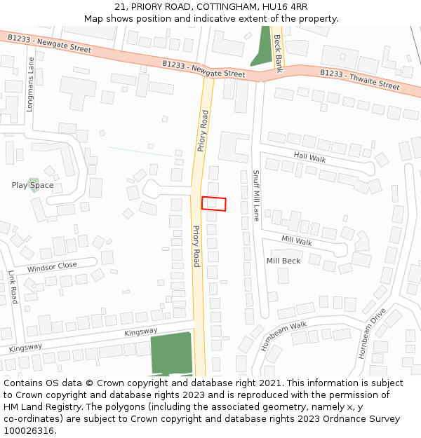 21, PRIORY ROAD, COTTINGHAM, HU16 4RR: Location map and indicative extent of plot