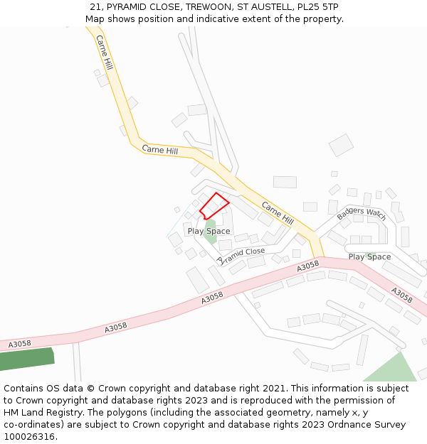 21, PYRAMID CLOSE, TREWOON, ST AUSTELL, PL25 5TP: Location map and indicative extent of plot