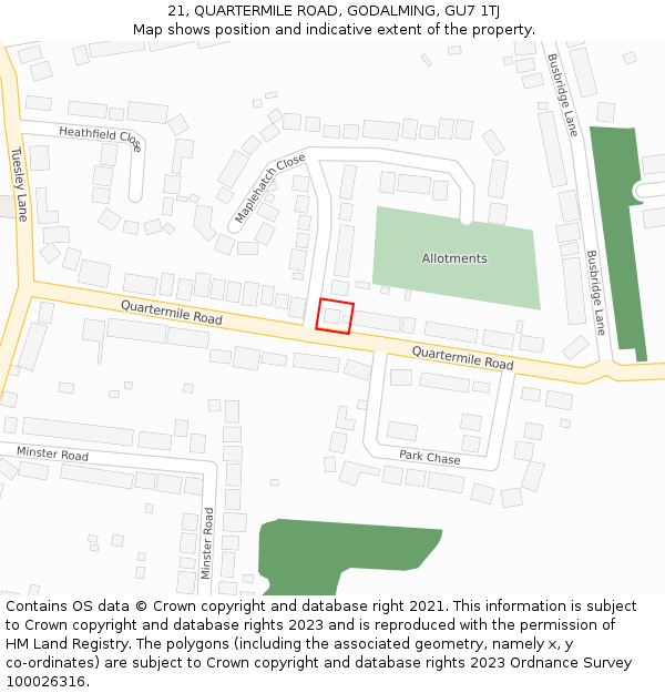 21, QUARTERMILE ROAD, GODALMING, GU7 1TJ: Location map and indicative extent of plot